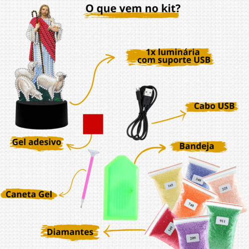 Pintura com Diamantes - Luminária Jesus Bom Pastor - Bagy Art