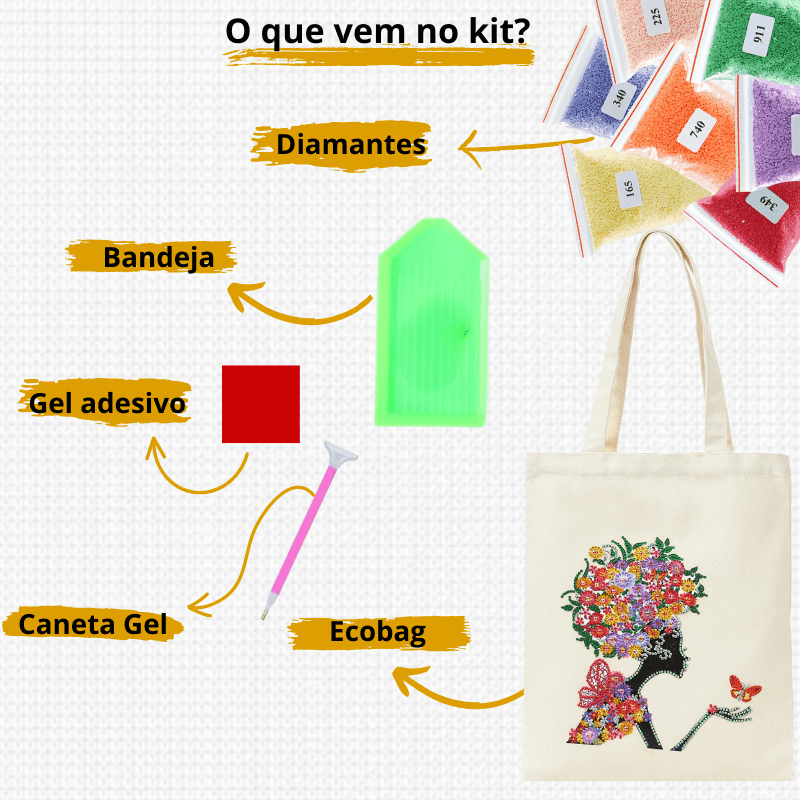 Pintura com Diamantes - EcoBagy Mulher com Flores - Bagy Art