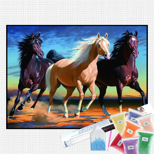 Pintura com Diamantes - Cavalos Correndo ao Entardecer - Bagy Art